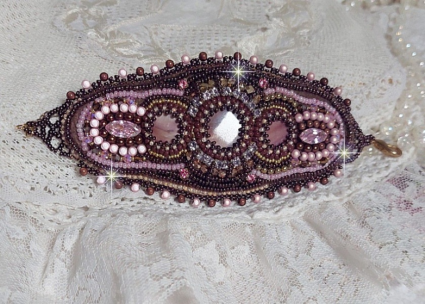 Romance bracelet cuff embroidered with vintage mahogany pearls and seed beads