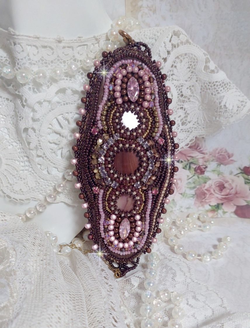 Romance bracelet cuff embroidered with vintage mahogany pearls and seed beads