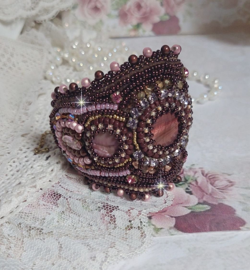 Romance bracelet cuff embroidered with vintage mahogany pearls and seed beads