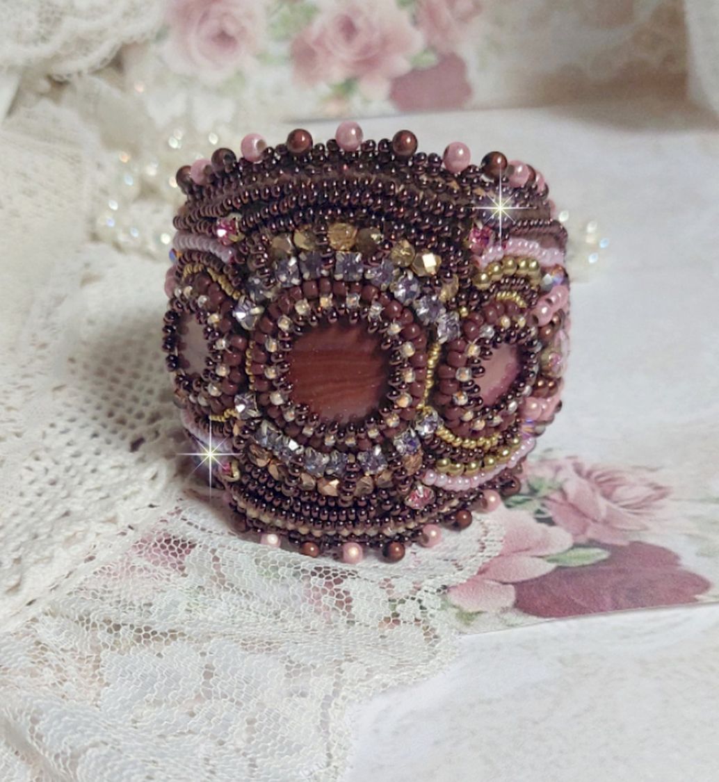 Romance bracelet cuff embroidered with vintage mahogany pearls and seed beads