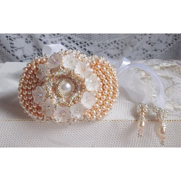 Bouquet d'un Jour bracelet embroidered with Swarovski pearls, Lucite flowers, ribbons and quality seed beads