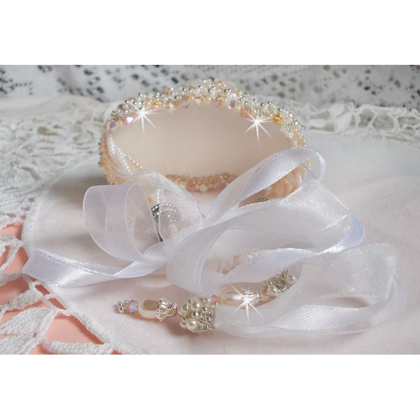 Bouquet d'un Jour bracelet embroidered with Swarovski pearls, Lucite flowers, ribbons and quality seed beads