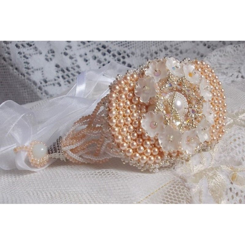 Bouquet d'un Jour bracelet embroidered with Swarovski pearls, Lucite flowers, ribbons and quality seed beads