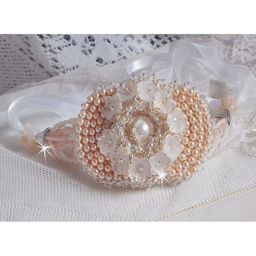 Bouquet d'un Jour bracelet embroidered with Swarovski pearls, Lucite flowers, ribbons and quality seed beads