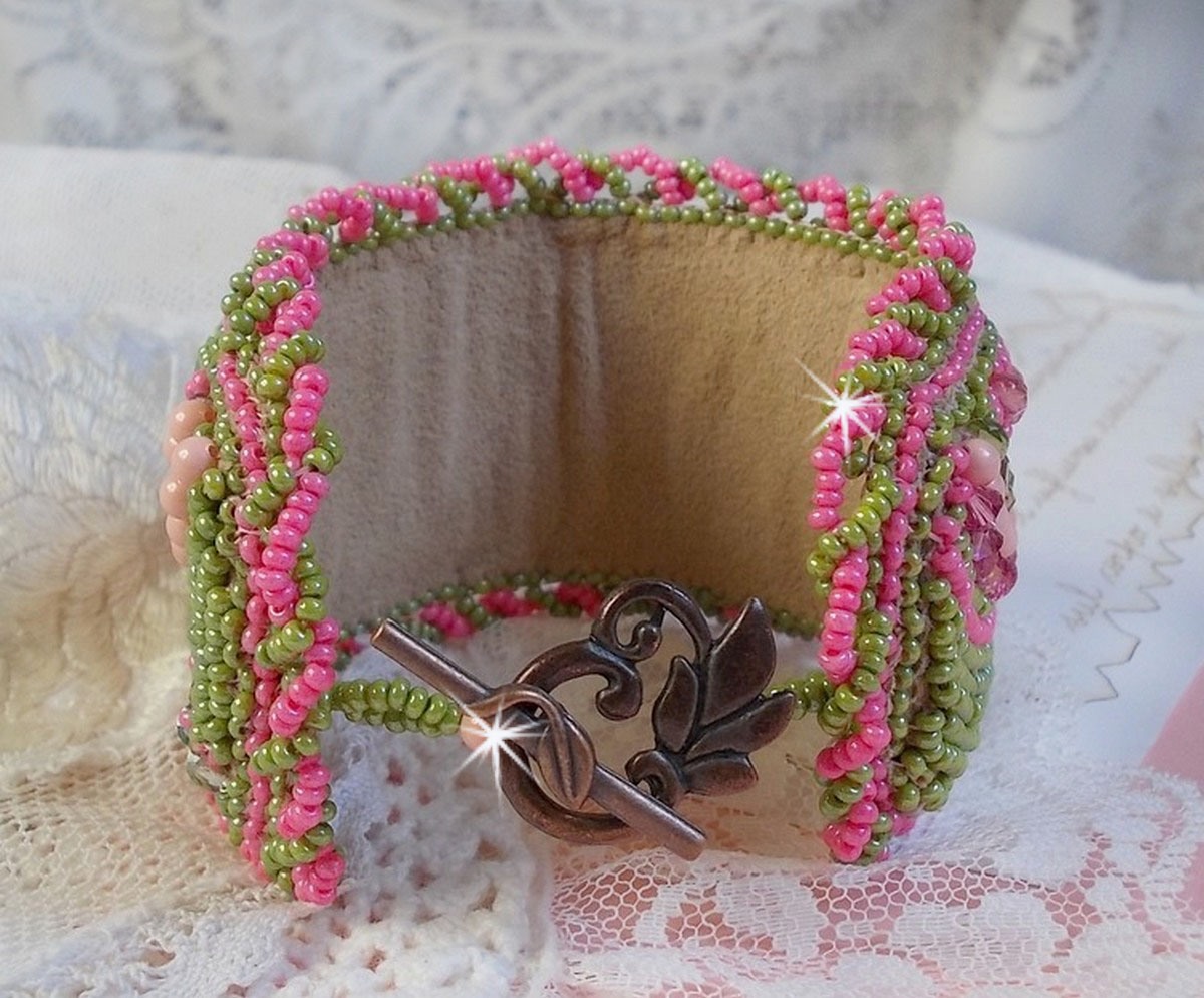 Miss Lady cuff bracelet embroidered with Swarovski crystals, faceted Bohemian glass and green and pink seed beads
