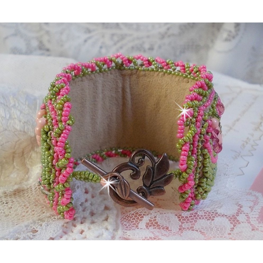 Miss Lady cuff bracelet embroidered with Swarovski crystals, faceted Bohemian glass and green and pink seed beads