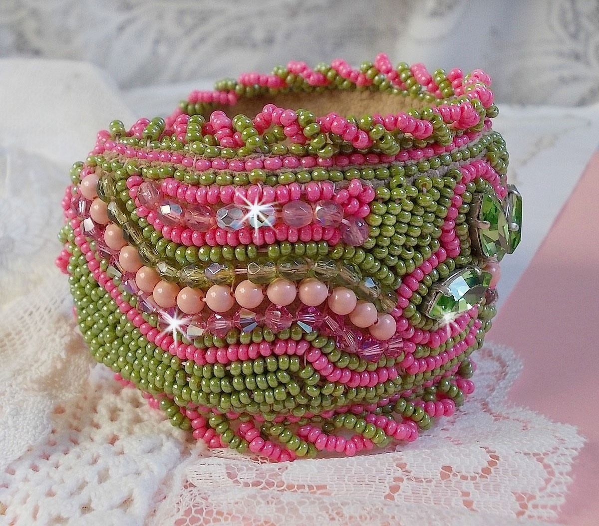 Miss Lady cuff bracelet embroidered with Swarovski crystals, faceted Bohemian glass and green and pink seed beads