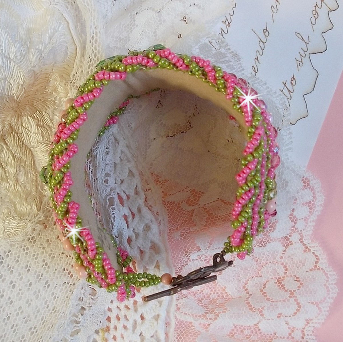 Miss Lady cuff bracelet embroidered with Swarovski crystals, faceted Bohemian glass and green and pink seed beads