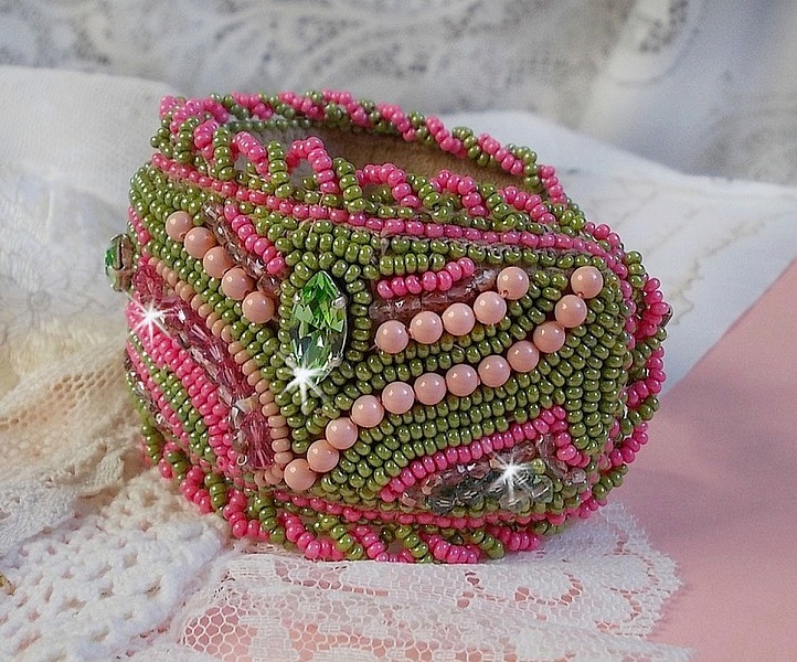 Miss Lady cuff bracelet embroidered with Swarovski crystals, faceted Bohemian glass and green and pink seed beads