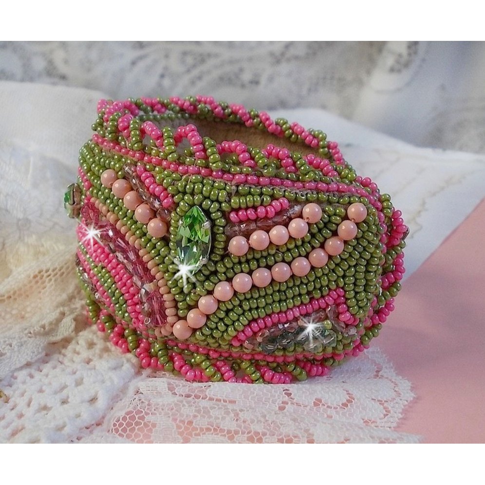 Miss Lady cuff bracelet embroidered with Swarovski crystals, faceted Bohemian glass and green and pink seed beads