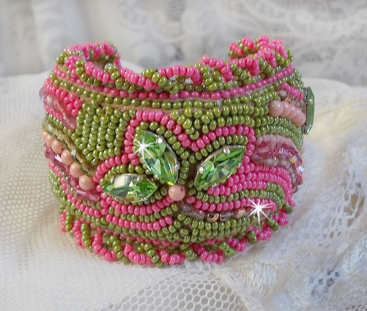 Miss Lady cuff bracelet embroidered with Swarovski crystals, faceted Bohemian glass and green and pink seed beads