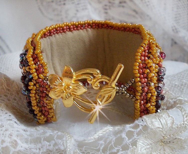 Red Jasper cuff bracelet embroidered with a Red Jasper cabochon, Swarovski crystals and seed beads