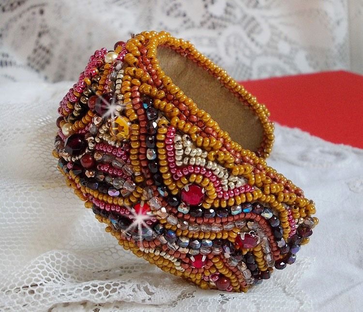 Red Jasper cuff bracelet embroidered with a Red Jasper cabochon, Swarovski crystals and seed beads