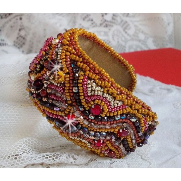 Red Jasper cuff bracelet embroidered with a Red Jasper cabochon, Swarovski crystals and seed beads