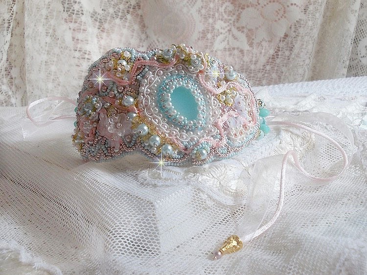 Bracelet Mint Lace Cuff Haute-Couture embroidered with Swarovski crystals, bohemian glass beads, seed beads and Lucite flowers in resin