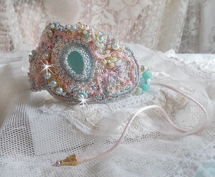 Bracelet Mint Lace Cuff Haute-Couture embroidered with Swarovski crystals, bohemian glass beads, seed beads and Lucite flowers in resin