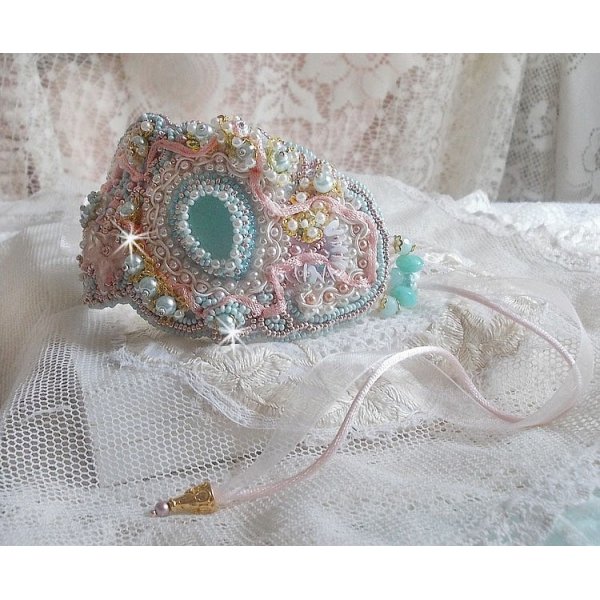 Bracelet Mint Lace Cuff Haute-Couture embroidered with Swarovski crystals, bohemian glass beads, seed beads and Lucite flowers in resin