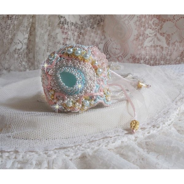 Bracelet Mint Lace Cuff Haute-Couture embroidered with Swarovski crystals, bohemian glass beads, seed beads and Lucite flowers in resin