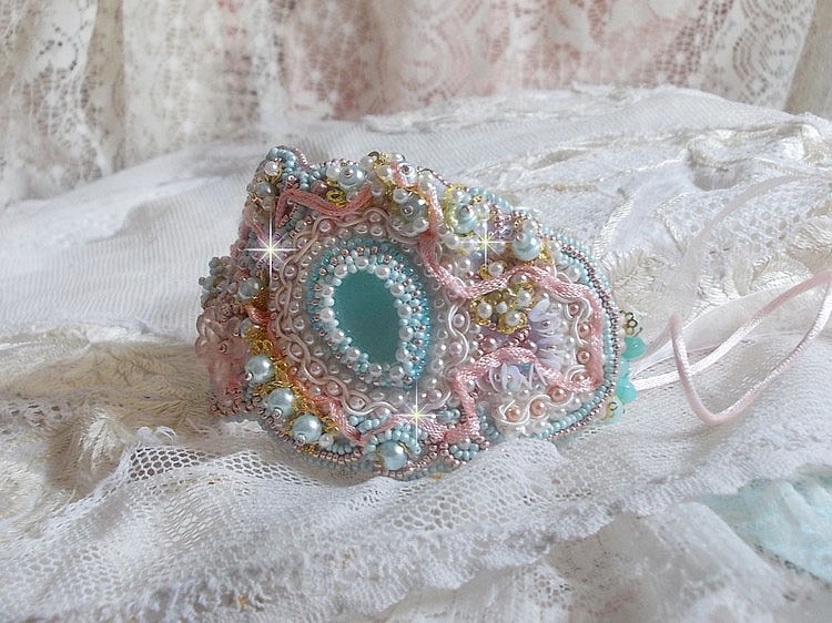 Bracelet Mint Lace Cuff Haute-Couture embroidered with Swarovski crystals, bohemian glass beads, seed beads and Lucite flowers in resin