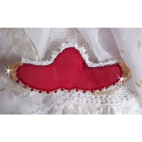 Bracelet Nous Two Haute-Couture cuff embroidered with Swarovski crystals, an oval red glass cabochon and seed beads