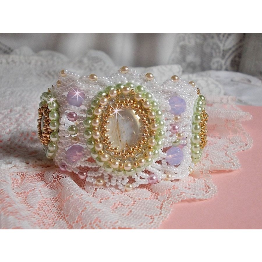 Envolée Fleurie bracelet embroidered with Swarovski crystals, resin cabochons, pearly round beads and Miyuki seed beads