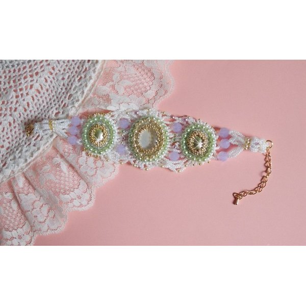 Envolée Fleurie bracelet embroidered with Swarovski crystals, resin cabochons, pearly round beads and Miyuki seed beads