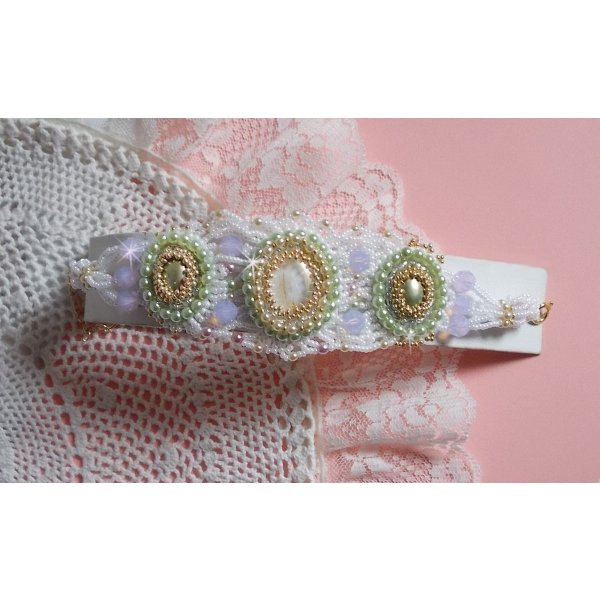 Envolée Fleurie bracelet embroidered with Swarovski crystals, resin cabochons, pearly round beads and Miyuki seed beads