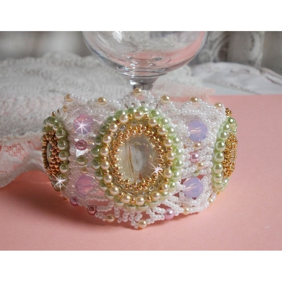 Envolée Fleurie bracelet embroidered with Swarovski crystals, resin cabochons, pearly round beads and Miyuki seed beads