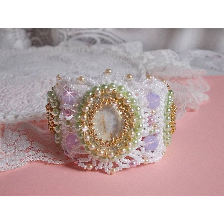 Envolée Fleurie bracelet embroidered with Swarovski crystals, resin cabochons, pearly round beads and Miyuki seed beads