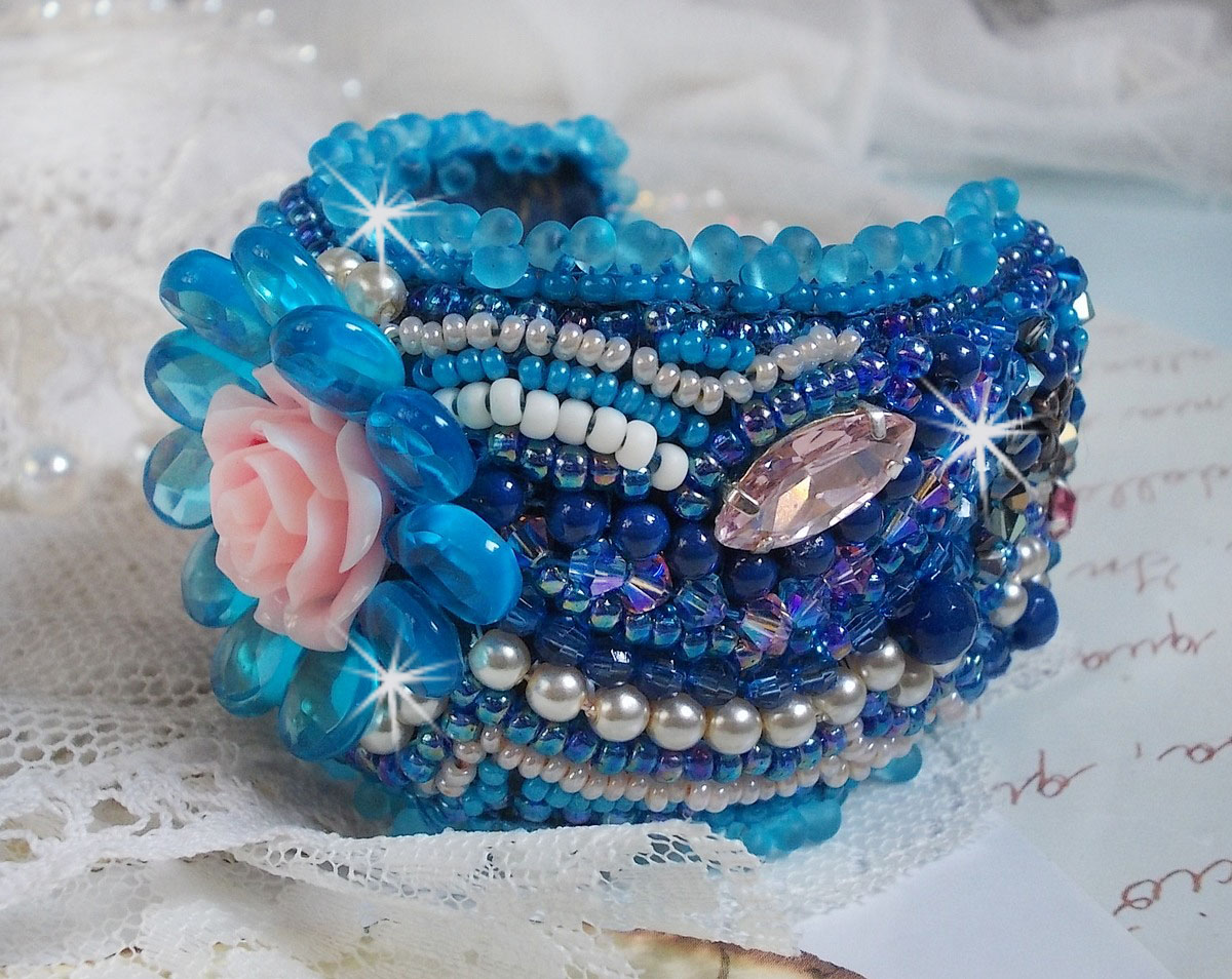 Belle Epoque cuff bracelet Haute-Couture embroidered with Swarovski crystals, resin cabochons and seed beads