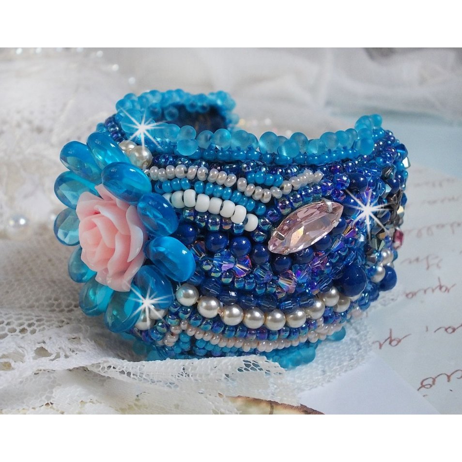 Belle Epoque cuff bracelet Haute-Couture embroidered with Swarovski crystals, resin cabochons and seed beads