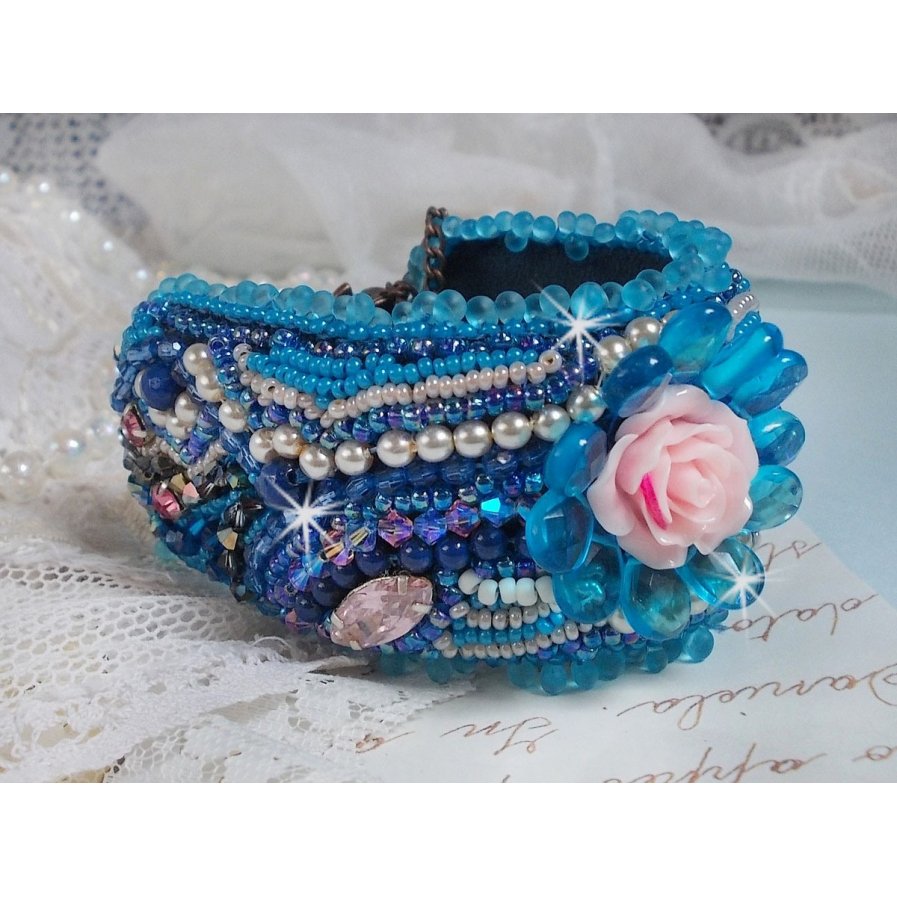 Belle Epoque cuff bracelet Haute-Couture embroidered with Swarovski crystals, resin cabochons and seed beads