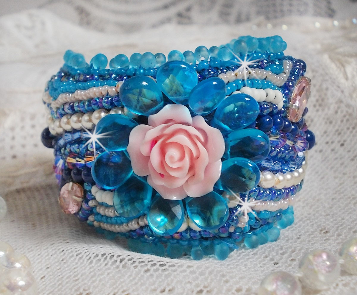 Belle Epoque cuff bracelet Haute-Couture embroidered with Swarovski crystals, resin cabochons and seed beads