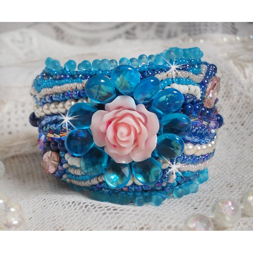 Belle Epoque cuff bracelet Haute-Couture embroidered with Swarovski crystals, resin cabochons and seed beads