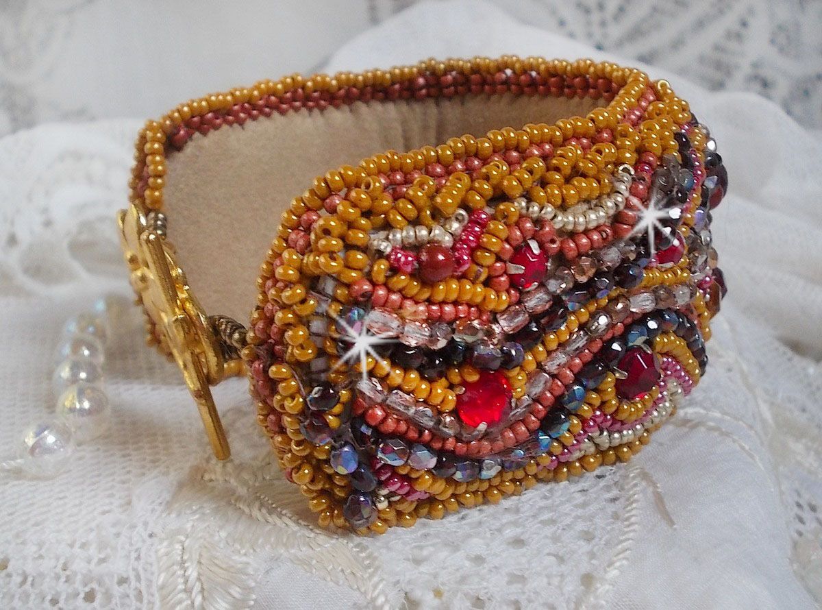 Red Jasper cuff bracelet embroidered with a Red Jasper cabochon, Swarovski crystals and seed beads