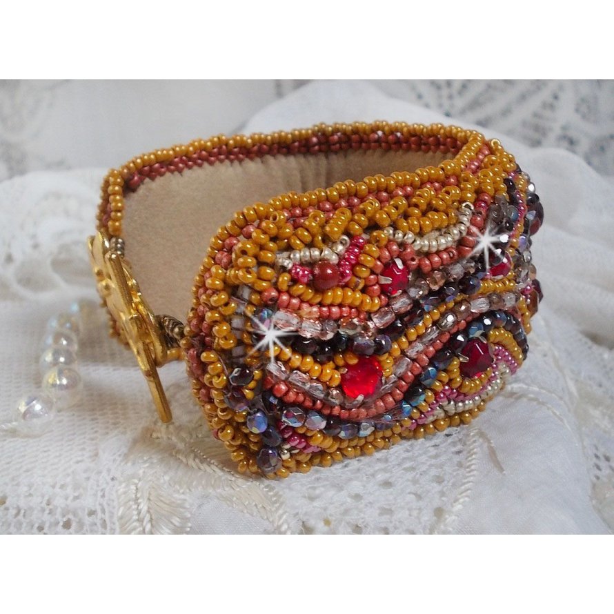 Red Jasper cuff bracelet embroidered with a Red Jasper cabochon, Swarovski crystals and seed beads