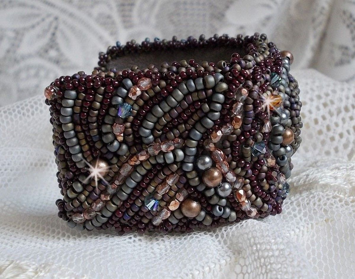 Long Brown Picasso bracelet embroidered with a gemstone (Picasso Jasper), Swarovski crystals, Miyuki seed beads and bohemian glass facets