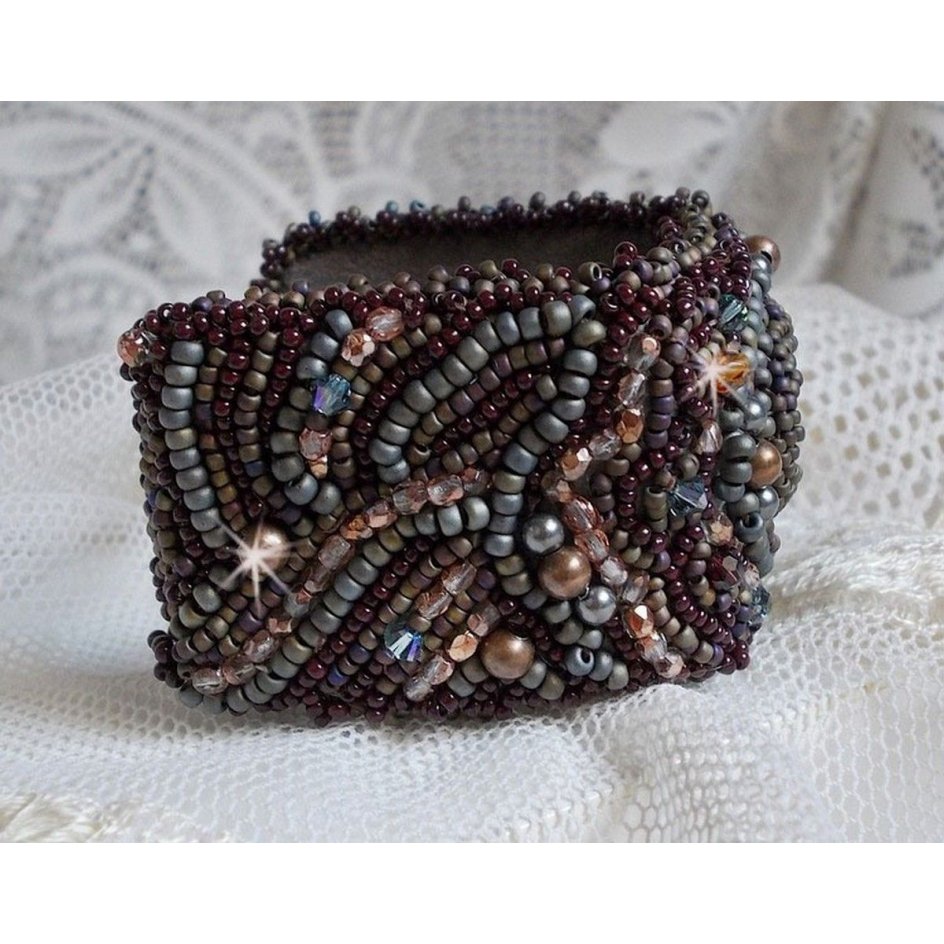 Long Brown Picasso bracelet embroidered with a gemstone (Picasso Jasper), Swarovski crystals, Miyuki seed beads and bohemian glass facets