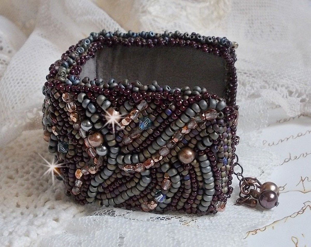 Long Brown Picasso bracelet embroidered with a gemstone (Picasso Jasper), Swarovski crystals, Miyuki seed beads and bohemian glass facets