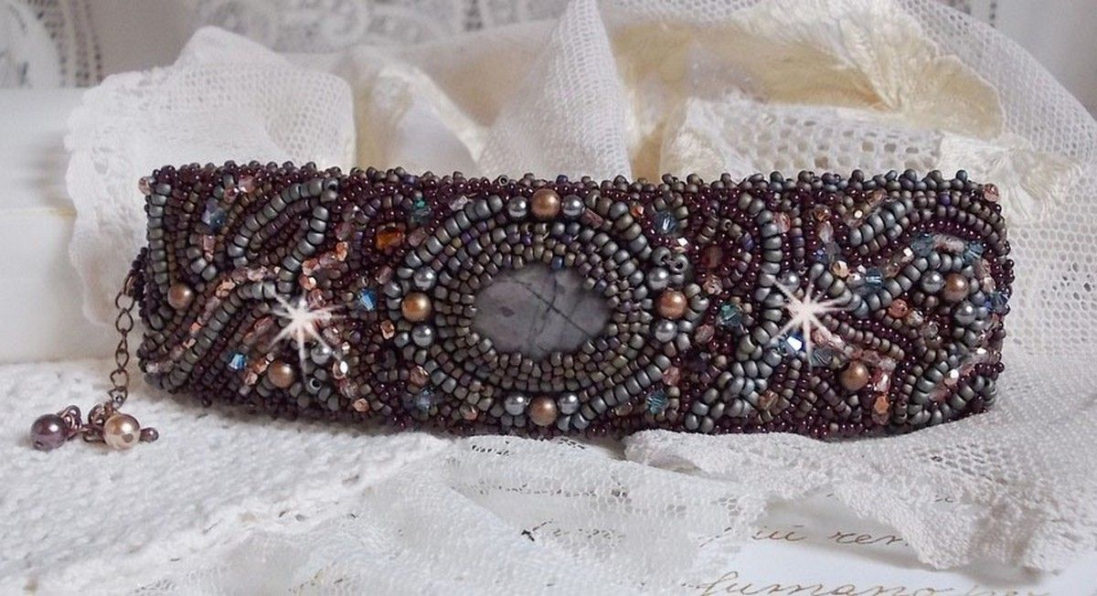 Long Brown Picasso bracelet embroidered with a gemstone (Picasso Jasper), Swarovski crystals, Miyuki seed beads and bohemian glass facets