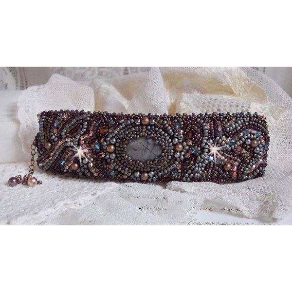 Long Brown Picasso bracelet embroidered with a gemstone (Picasso Jasper), Swarovski crystals, Miyuki seed beads and bohemian glass facets