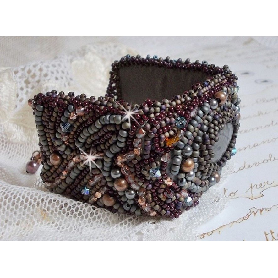 Long Brown Picasso bracelet embroidered with a gemstone (Picasso Jasper), Swarovski crystals, Miyuki seed beads and bohemian glass facets