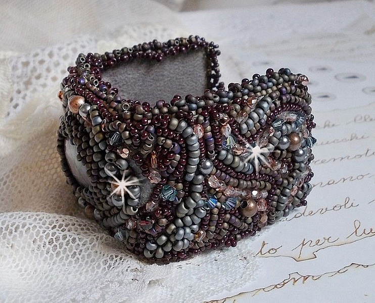 Long Brown Picasso bracelet embroidered with a gemstone (Picasso Jasper), Swarovski crystals, Miyuki seed beads and bohemian glass facets
