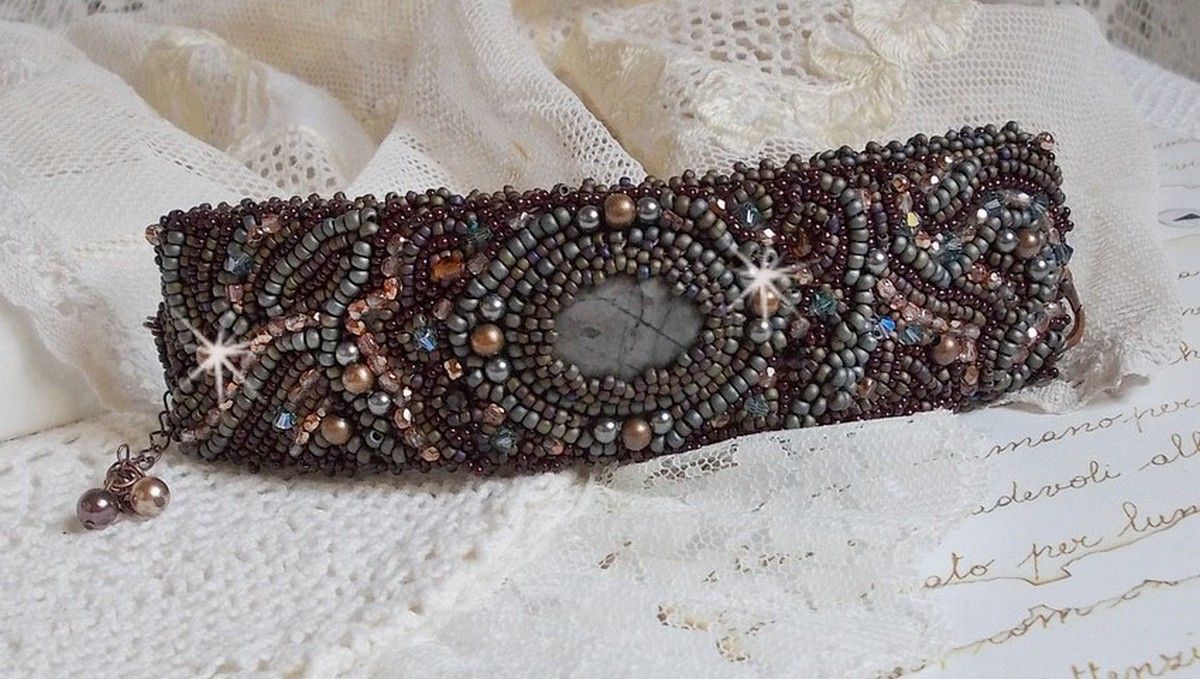 Long Brown Picasso bracelet embroidered with a gemstone (Picasso Jasper), Swarovski crystals, Miyuki seed beads and bohemian glass facets