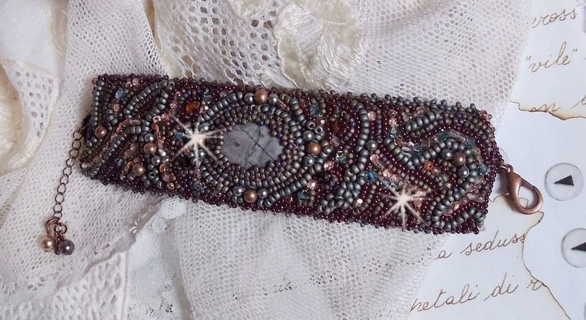 Long Brown Picasso bracelet embroidered with a gemstone (Picasso Jasper), Swarovski crystals, Miyuki seed beads and bohemian glass facets