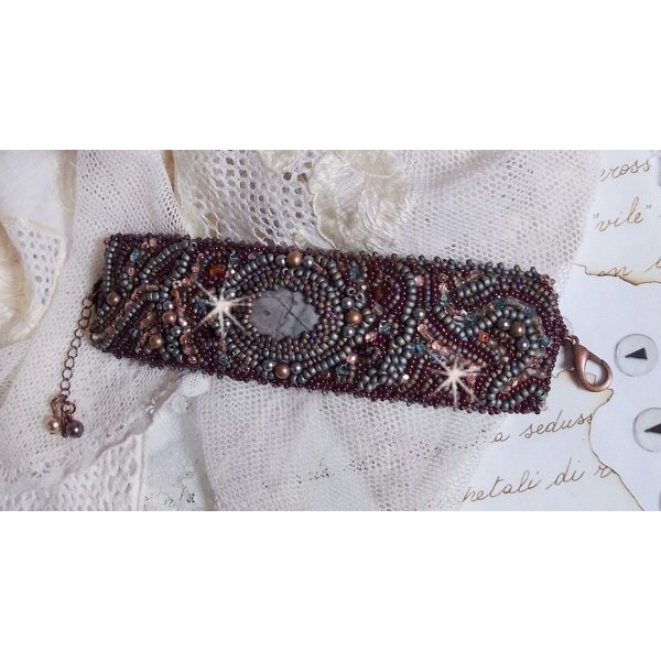 Long Brown Picasso bracelet embroidered with a gemstone (Picasso Jasper), Swarovski crystals, Miyuki seed beads and bohemian glass facets