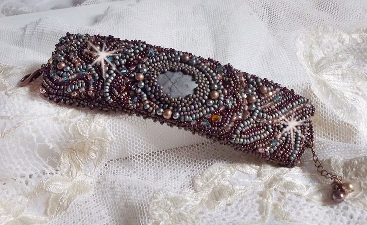 Long Brown Picasso bracelet embroidered with a gemstone (Picasso Jasper), Swarovski crystals, Miyuki seed beads and bohemian glass facets