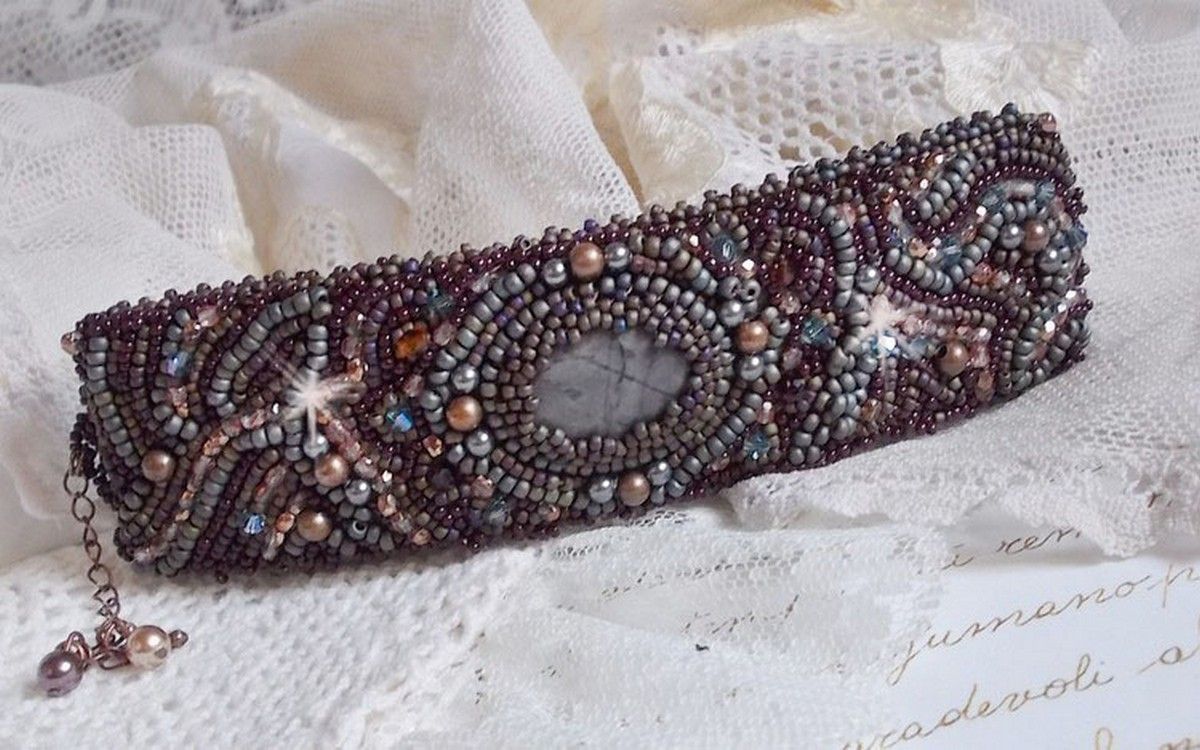 Long Brown Picasso bracelet embroidered with a gemstone (Picasso Jasper), Swarovski crystals, Miyuki seed beads and bohemian glass facets