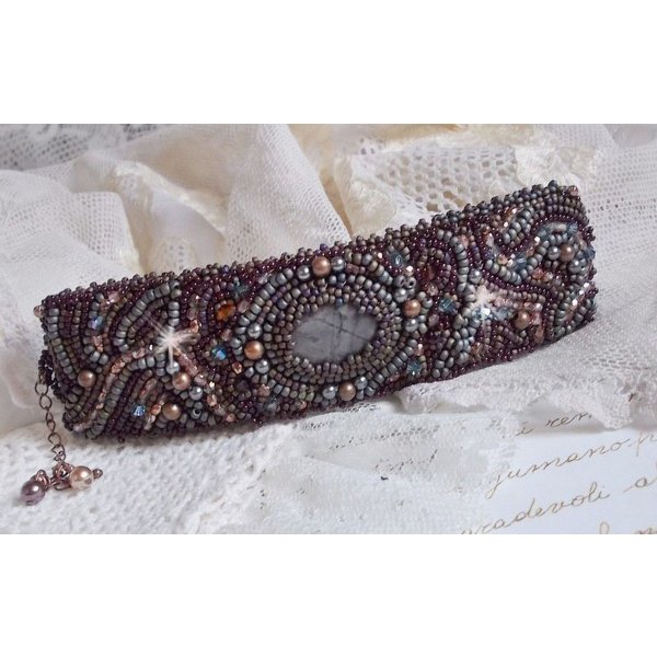 Long Brown Picasso bracelet embroidered with a gemstone (Picasso Jasper), Swarovski crystals, Miyuki seed beads and bohemian glass facets