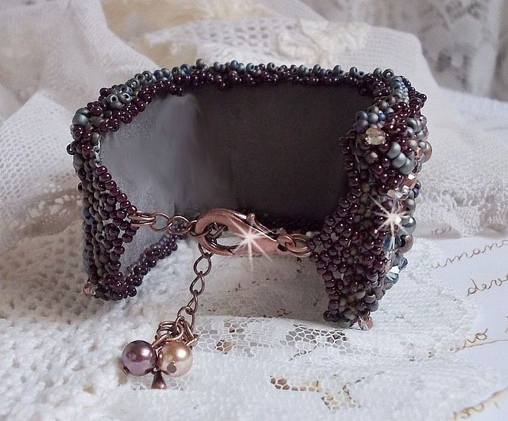 Long Brown Picasso bracelet embroidered with a gemstone (Picasso Jasper), Swarovski crystals, Miyuki seed beads and bohemian glass facets